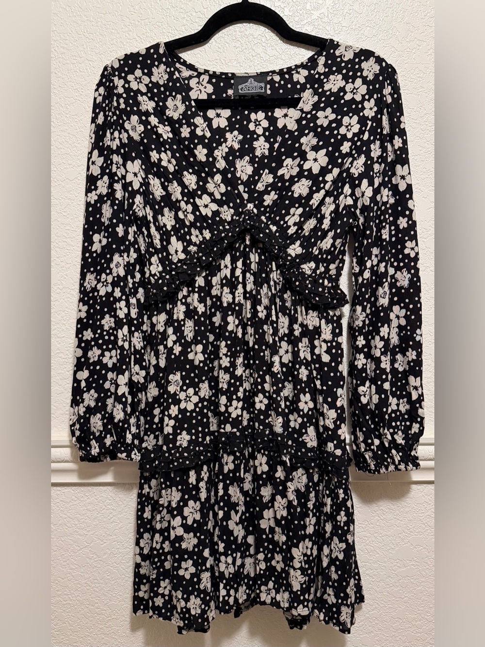 Angie Black Floral Long Sleeve Ruffle Mini Dress Boho Babydoll - Picture 8 of 10